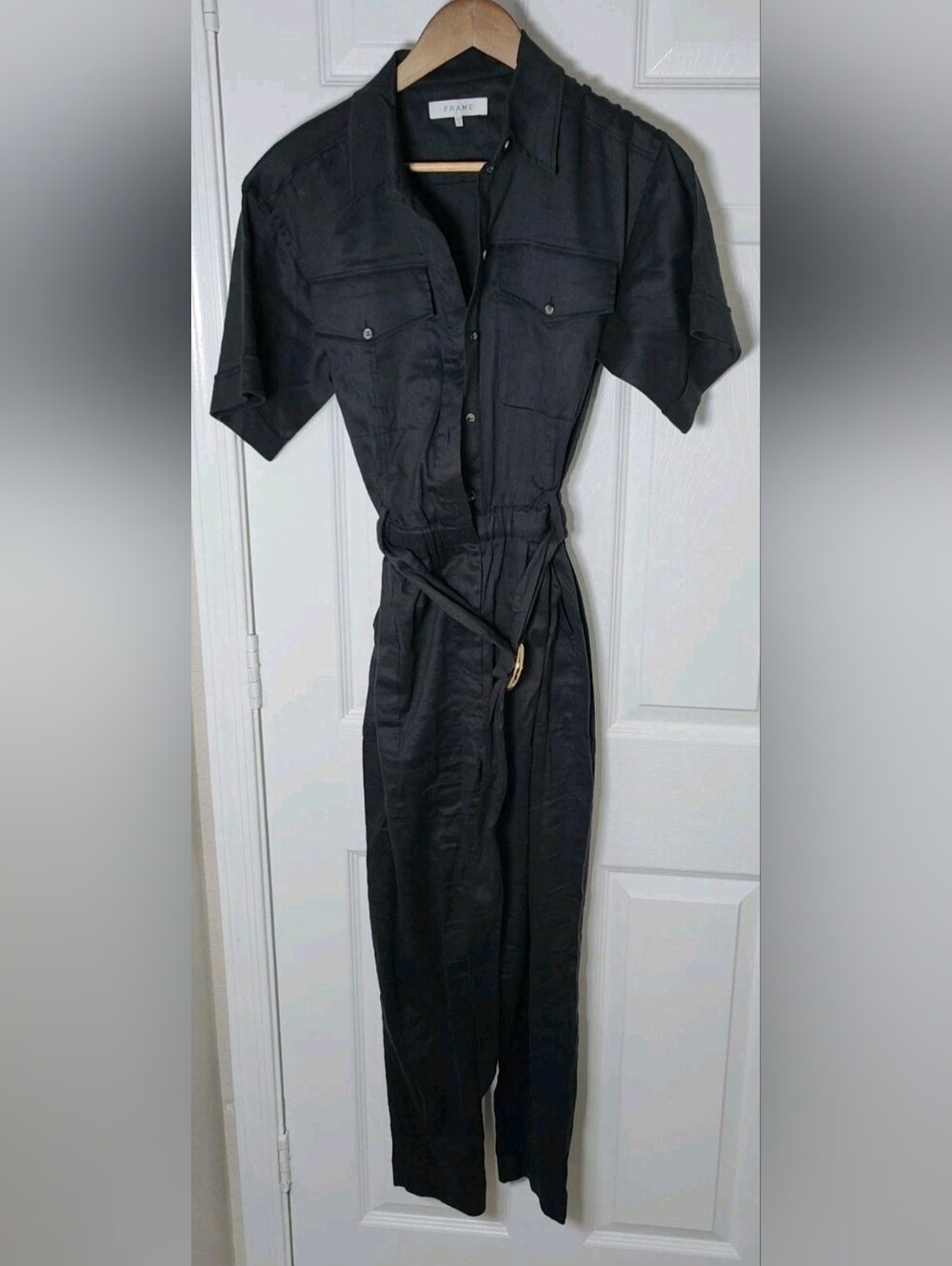 Frame Women's Black Arie Linen Stretch Short Sleeve Belted Jumpsuit Size XS